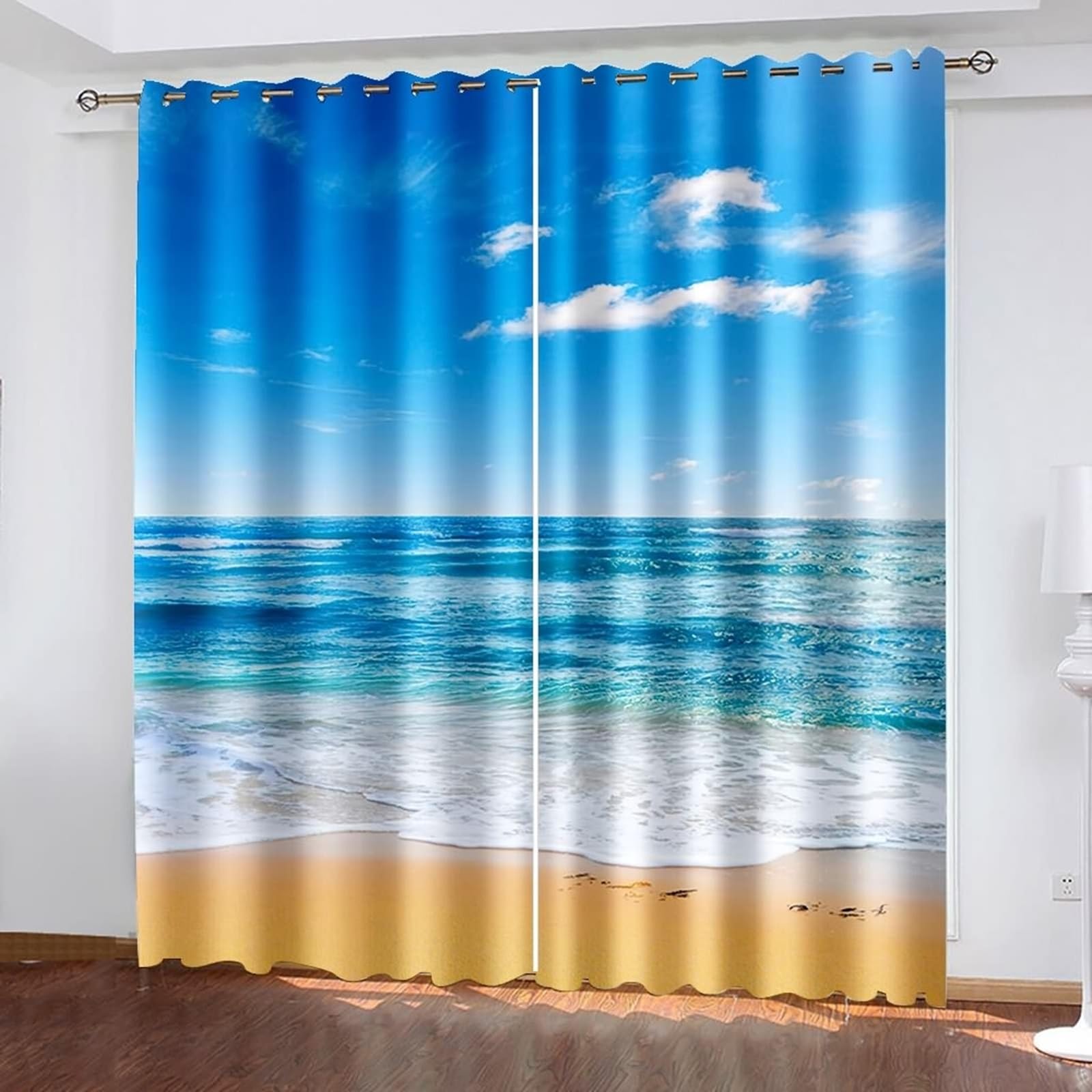 Wycian Deko Boho Style Vorhang Weiß Blau Braun 2 Er Polyester Blauer Himmel und Meer H274 X B244Cm für Schlafzimmer