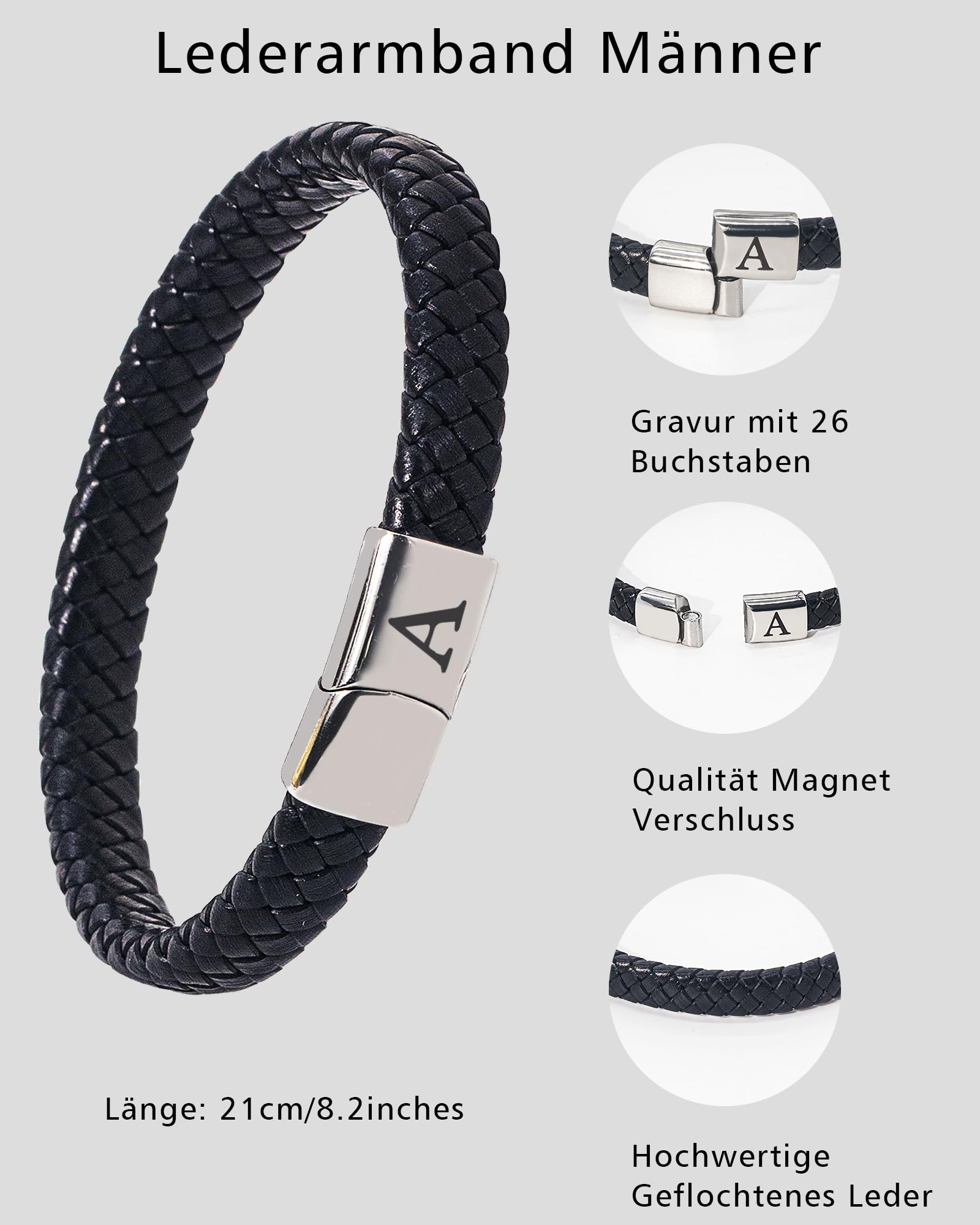 Lederarmband Herren Armband mit Buchstaben Gravur A-Z Buchstabe Armband Männer Schwarz Geflochten Leder Armbänder mit Magnetverschluss Vatertag Abitur Geburtstag Geschenke für Männer