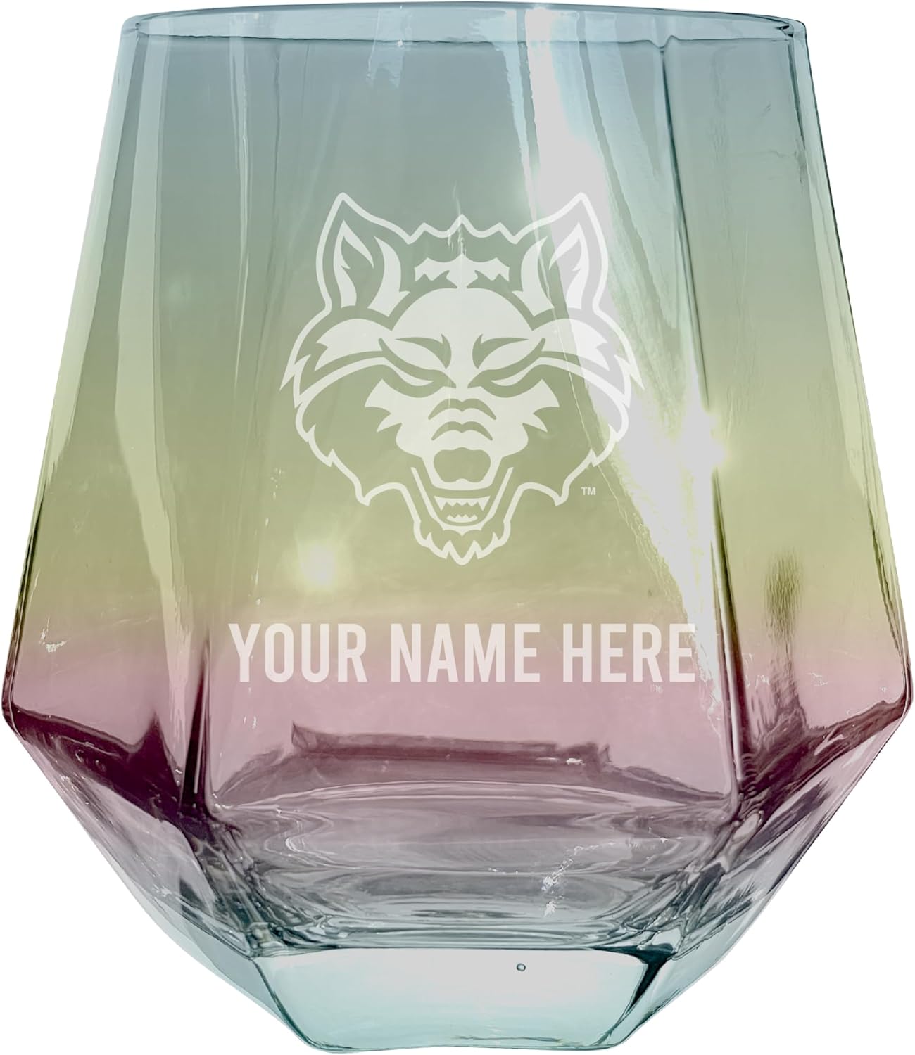 Copa de Vino Sin Pie Grabada Personalizable Arkansas State 10 oz Iridescente