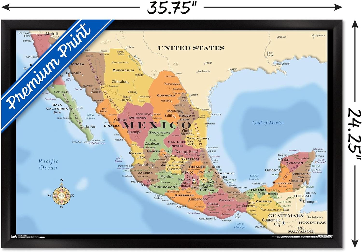 Trends International Map - Mexico Wall Poster, 22.375" x 34", Black Framed Version
