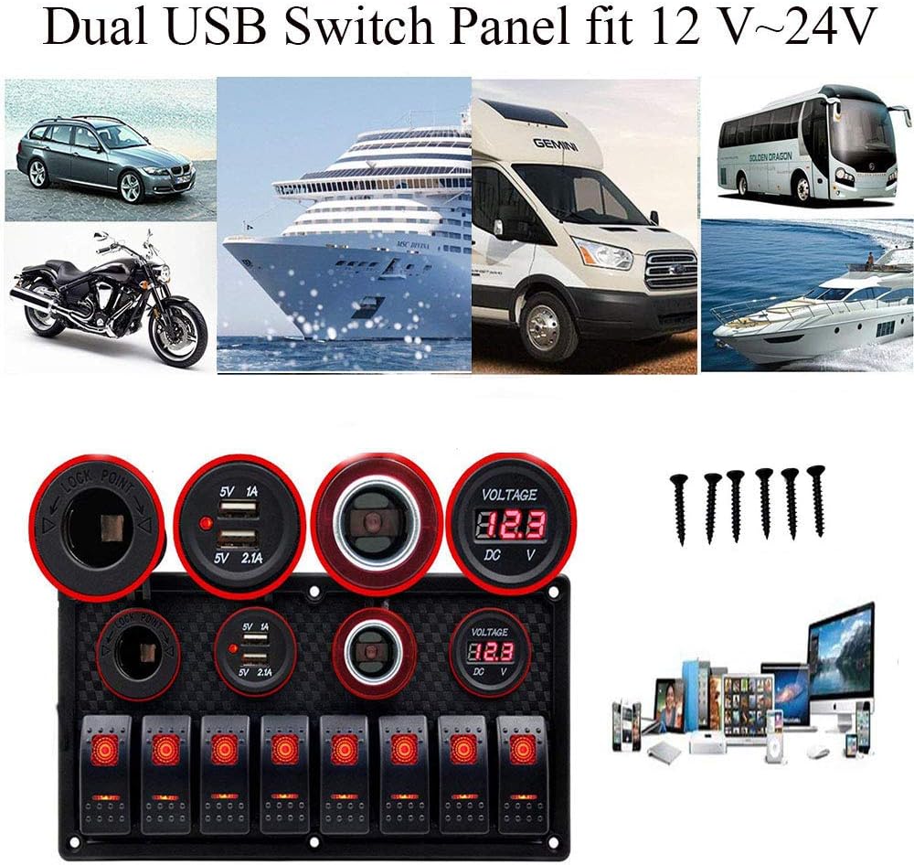 Waterproof 8 Gang Rocker Switch Panel for Boat 12V LED Aluminum Switch Panel Marine Toggle Switches with 3.1A USB Charger Digital Voltmeter ON/Off for Car Truck Marine Switch Panel (8Gang Green) : Everything Else