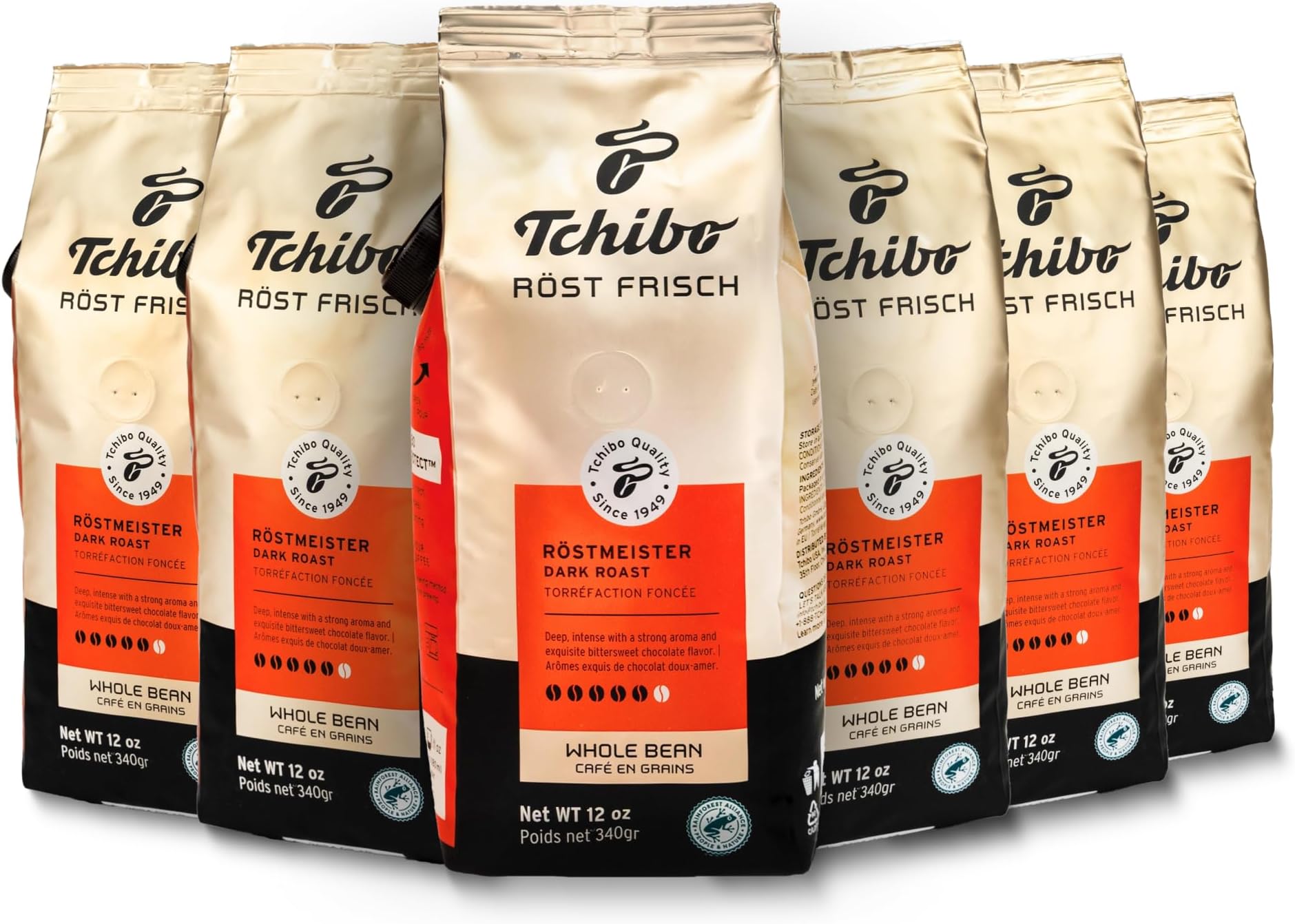 Tchibo Whole Bean Coffee - Röst Frisch Röstmeister - Dark-roasted Arabica Beans with Intense Flavor and Exquisite Aromas of Bittersweet Chocolate - Intensity 5/6, Acidity 1/6, Roast Level 6/6 - 6x 12 oz - Pack of 6