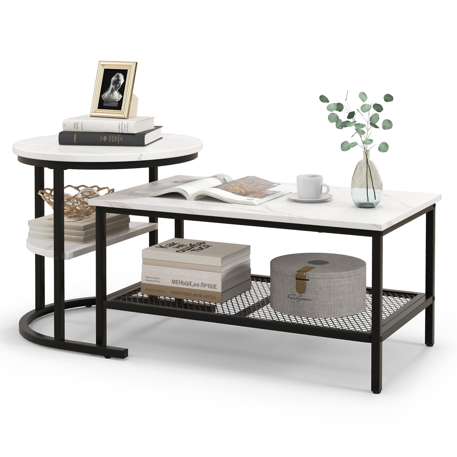 LIFEZEAL Juego de 2 Mesas Auxiliares, Mesa Nido Separada o Unida, Mesa de Centro + Mesa Redonda para Salón, 2 Estantes, Efecto Mármol, Modernas, Estructura Metálica (Negro+Blanco)