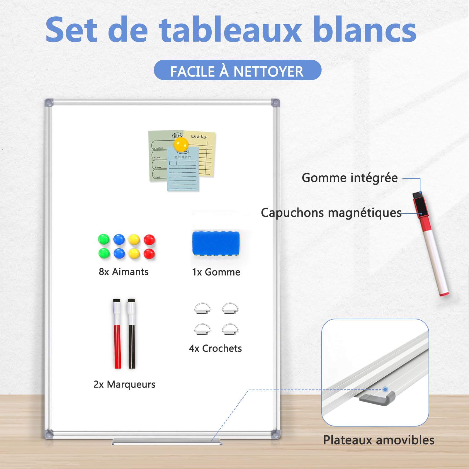 DOLLAR BOSS Tableau blanc magnétique 60 x 45 cm Whiteboard, tableau magnetique mural, tableau blanc effaçable à sec avec cadre en aluminium, porte-marqueurs et 2 marqueurs