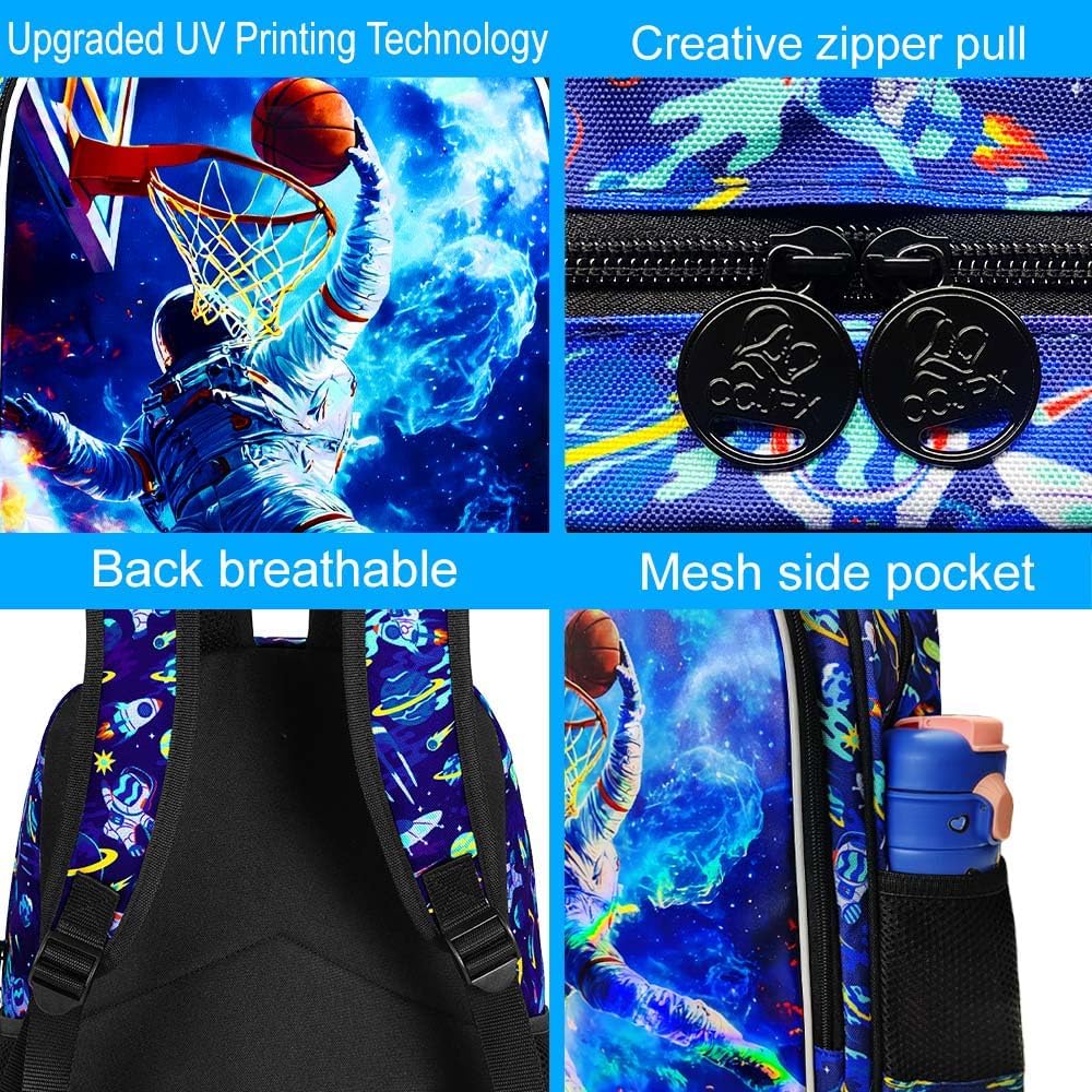 16" Astronaut Backpack for Boys, 3Pcs Kids School Bookbag with Lunch Box, Basketball Backpacks Set for Elementary Preschool Kindergarten(Blue)