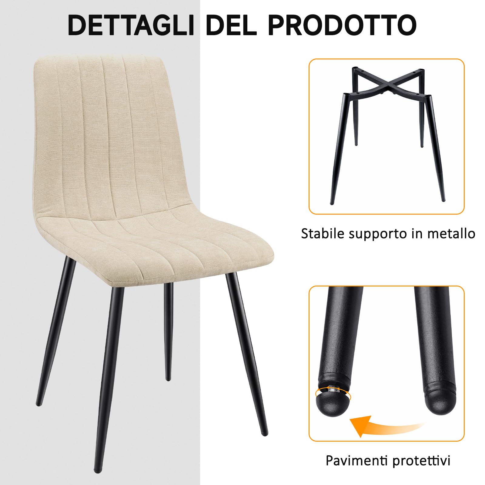 Set di 4 Sedie da Pranzo,Sedia da Cucina Con Piedi In Metallo Nero,Sedie Imbottite Con Tessuto di Lino,Sedia da Camera da Letto,Sedia da Salotto,Sedia da Soggiorno,Sedie Moderne-Beige