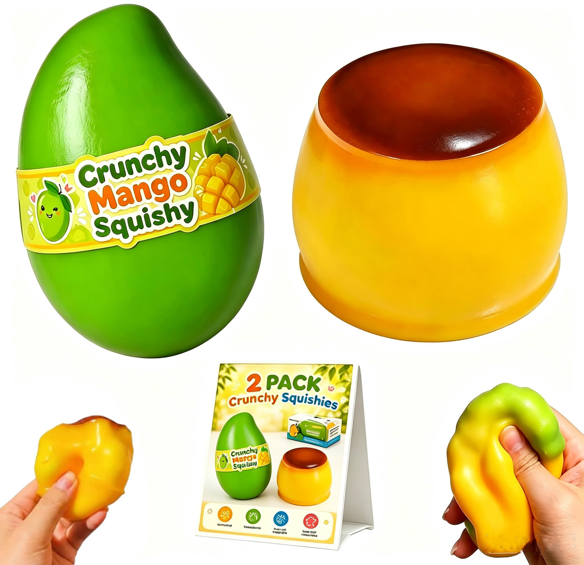 2PCS Crunchy Squishy Asmr Bead Filled, Crunchy Pudding & Mango Squishy Toys, Soft Slow-Rising Squishies with ASMR Crunchy Sound, Compact for Office, Study, Home or Travel