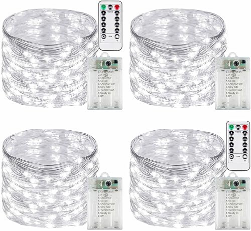 Miniatura 35 de Paquete de 4 luces de hadas que funcionan con pilas con temporizador de control remoto, tira de luces LED para decoración de interiores y Blanco