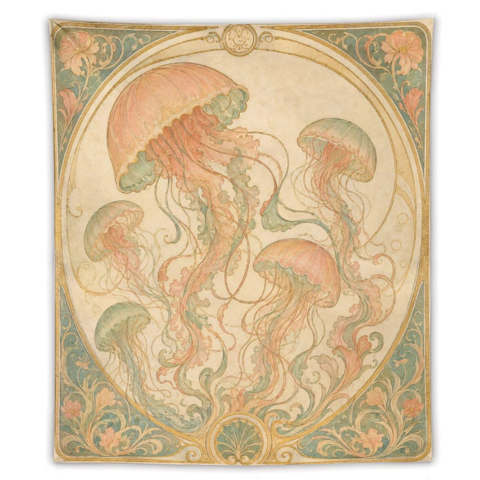 W7C8U2X3 Pink Jellyfish Wall Tapestry, Art Nouveau Style, Art Nouveau
