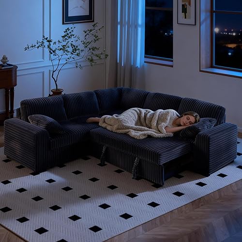 Miniatura 6 de Sofá cama modular en forma de L de 91 pulgadas con reclinable, cama extraíble y diván, sofá de pana convertible para apartamento, sala de estar,