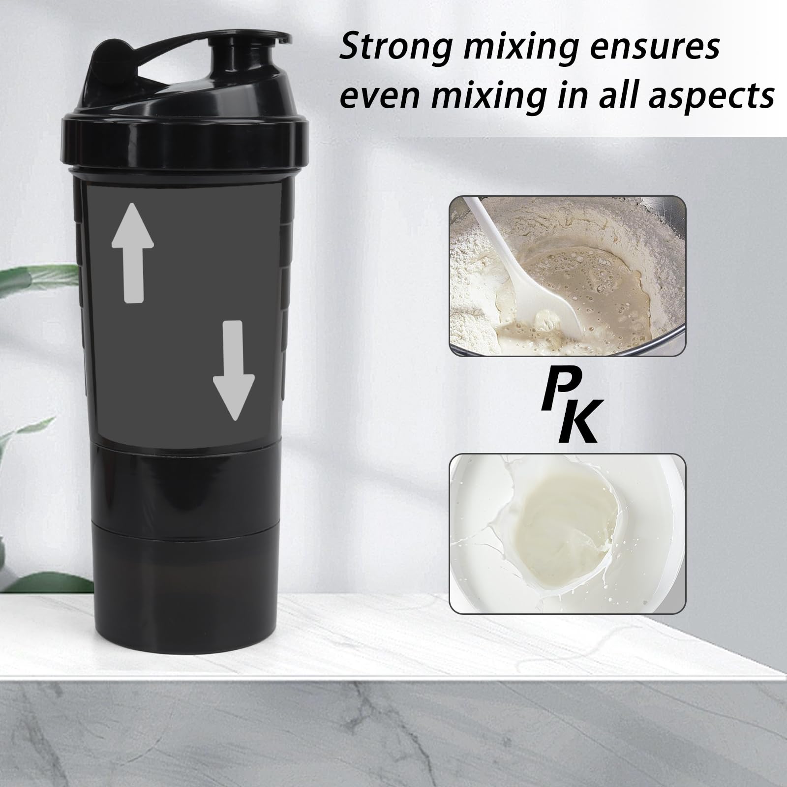 Botella mezcladora, botellas mezcladoras de proteínas de 16 onzas con bola mezcladora, taza 3 en 1 a prueba de fugas para gimnasio con almacenamiento de polvo y bandeja de píldoras, ideal para