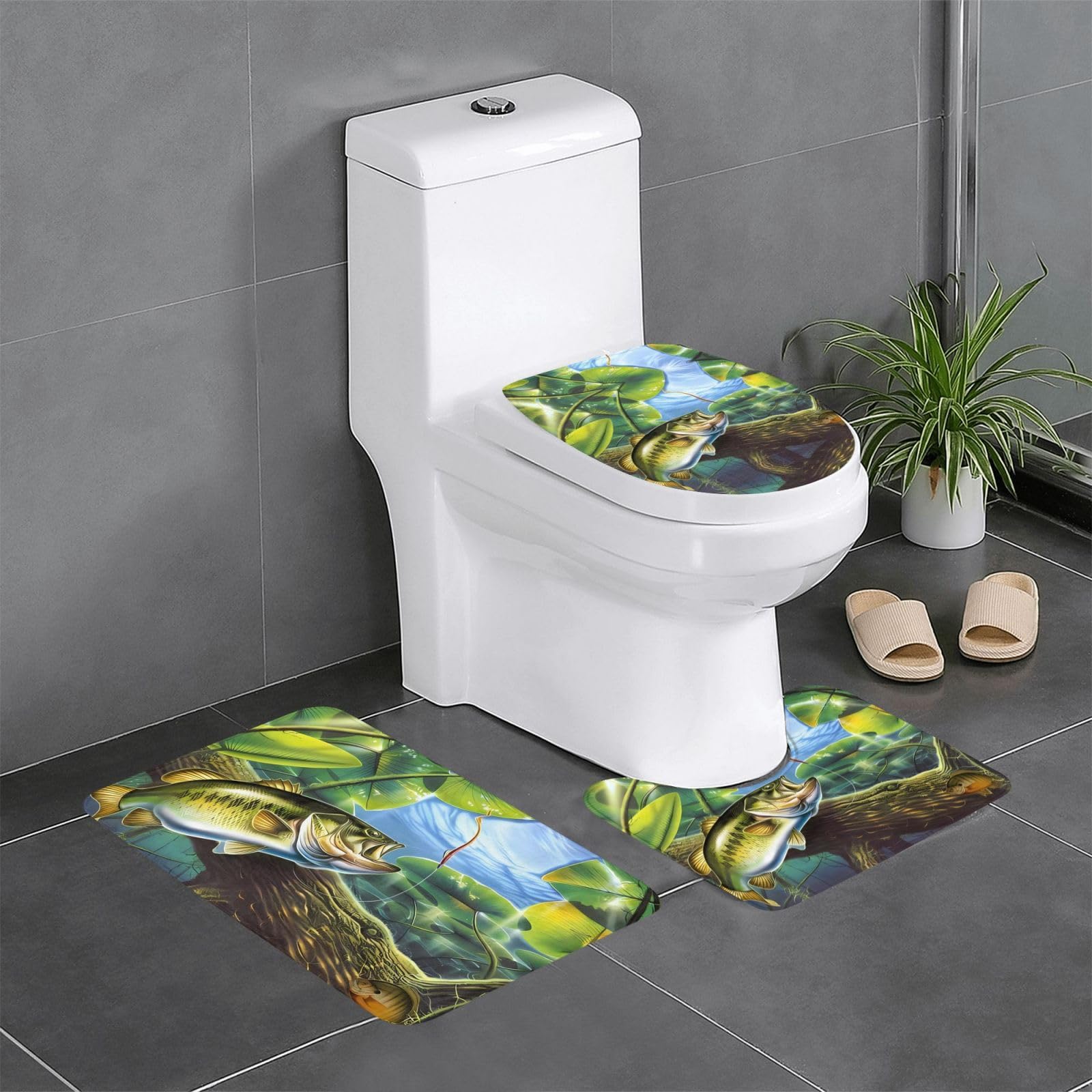 Juego de alfombras de baño de poliéster con estampado de lubina y agarre antideslizante