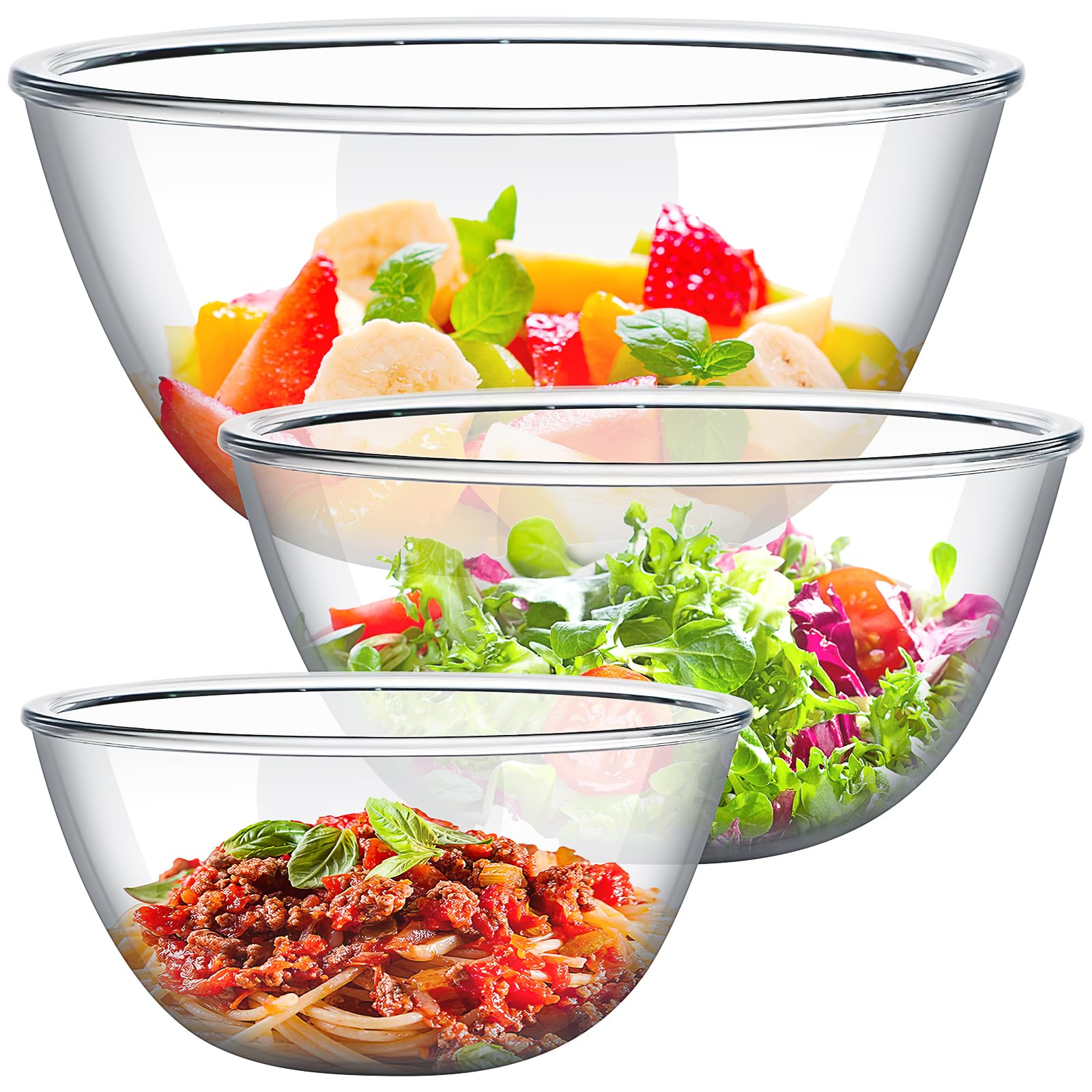 JTKDG 3 Piece Glass Mixing Bowls Set, High Borosilicate Nesting Bowl Large Salad Bowl Set for Kitchen Food Storage Cooking Baking Prepping, Microwave and Dishwasher Oven Safe (1 QT, 2.5QT, 4.2QT)
