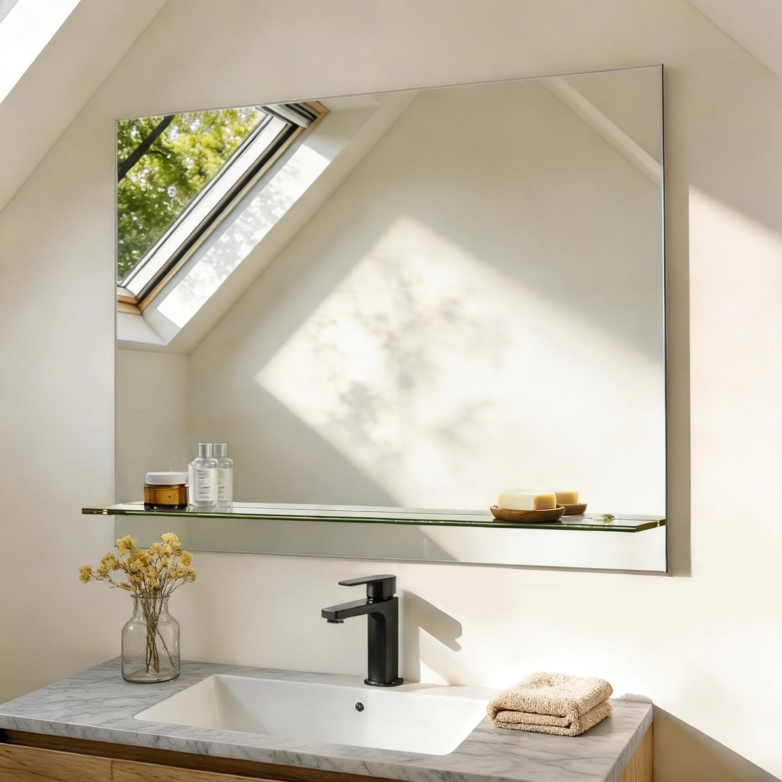S'AFIELINA Espejo Baño con Estante 80x60 cm, Espejo de Pared | Espejo de Baño con Estante, Diseño Decorativo para Entrada, Dormitorio y Salón, Organizador de Pared Moderno