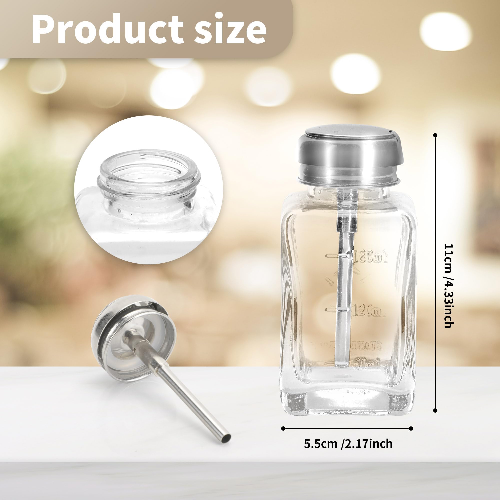 souG 3 Pcs 6 Oz/ 180 ml Clear Pump Dispenser Bottle with Metal Flip Cover Glass Nail Polish Remover Push Down Dispenser Bottle Refillable Push Down Pump Dispenser Press Container for Makeup Remover