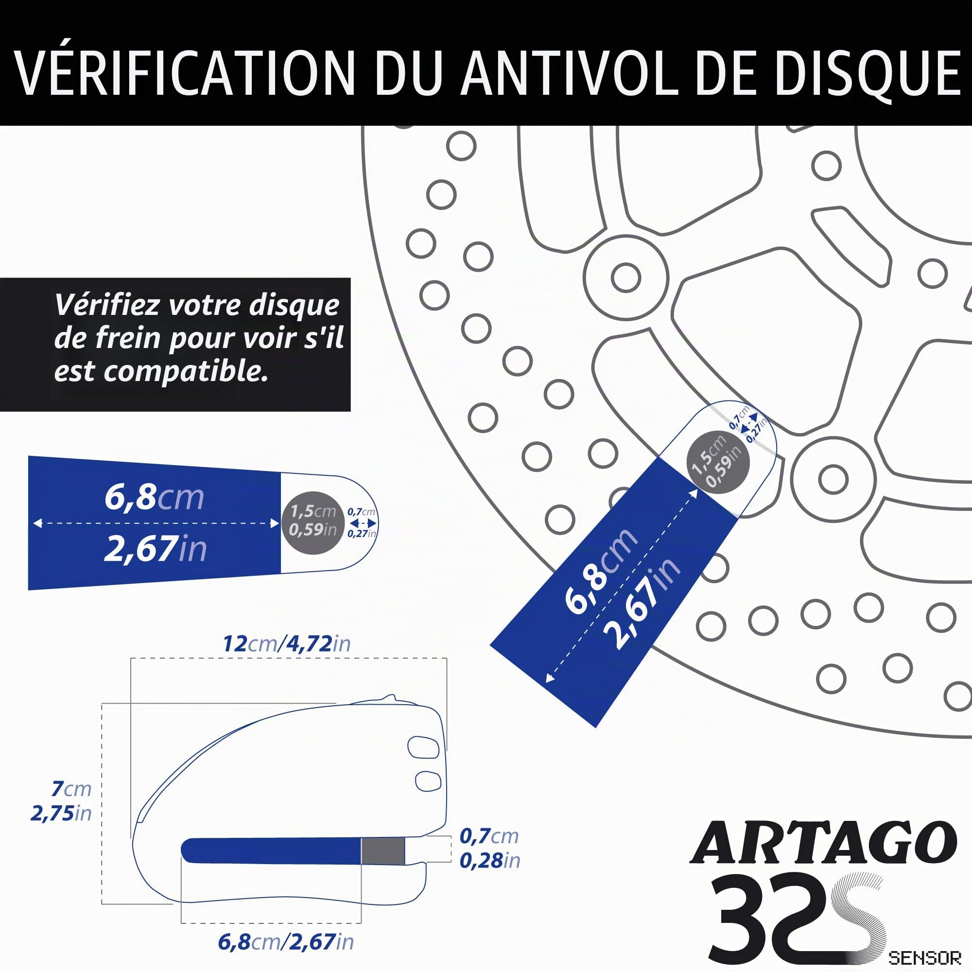 Artago 32S2 Pack Antivol Bloque-Disque avec Alarme 120db Haute Sécurité + Support pour Yamaha MT-07 et Tracer 700, Homologué SRA, Acier
