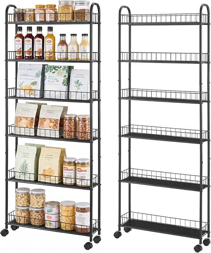Slim Storage Cart with Wheels, Metal 6-Tier 6in Black Narrow Rolling Shelf, Sturdy Slim Storage with Hooks Ideal for Kitchen, Bathroom, and Laundry Room
