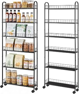 Slim Storage Cart with Wheels, 6-Tier 6in Black Narrow Rolling Shelf,Sturdy Slim Storage Ideal for Kitchen, Bathroom, and Laundry Room