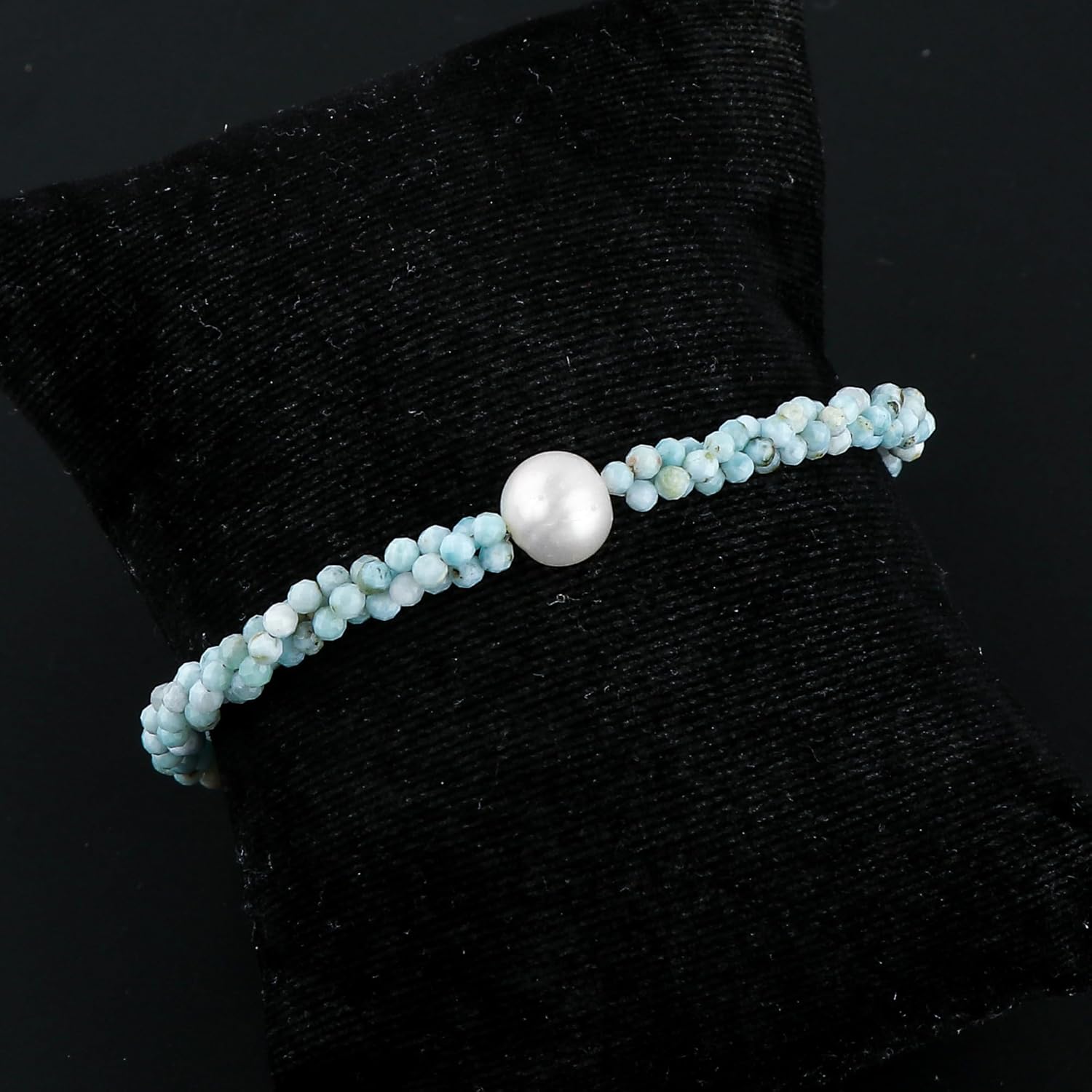 CRYSTALIS Natural Caribbean Larimar Beads Twisted Rope Bracelet with Elegant Pearl, High Grade Gemstones, Chakra Healing Stones, Womens Gift Jewelry, Silver Plated Brass Bracelet 8 inch - Image 3