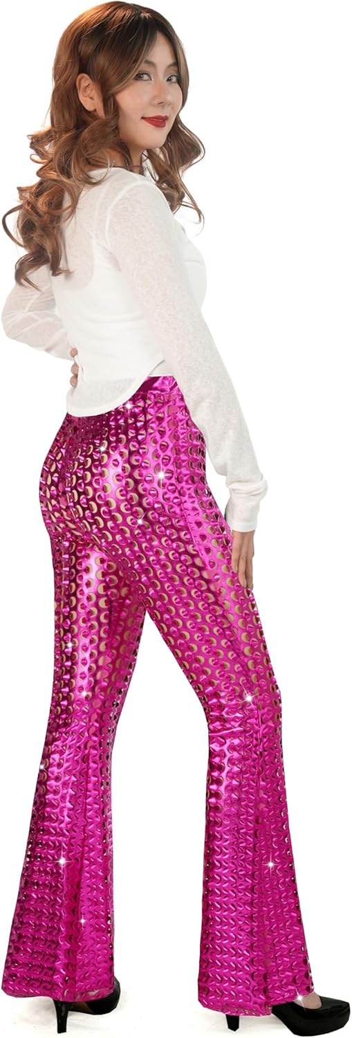 Nawgut Sequin Flare Pants Sparkly Glitter Bell Bottom High Waisted Hollow Trousers Party Clubwear for Women - Image 2