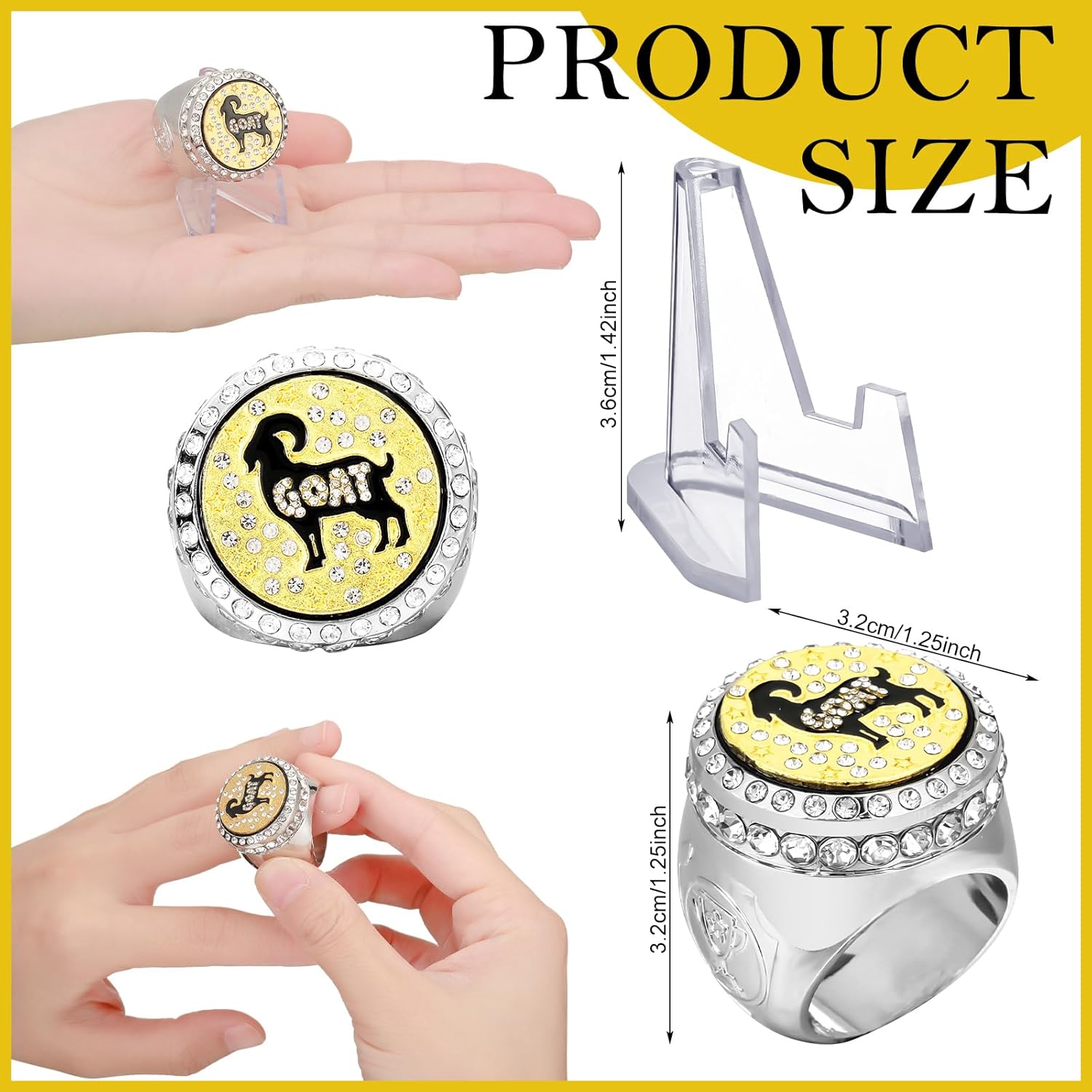 Tondiamo 12 Set Goat Championship Trophy Ring Award Gift with Acrylic Stand Greatest of All Time Champ Ring Football Turnover Trophy Award for Sport Event Tournament or League Champion Winner