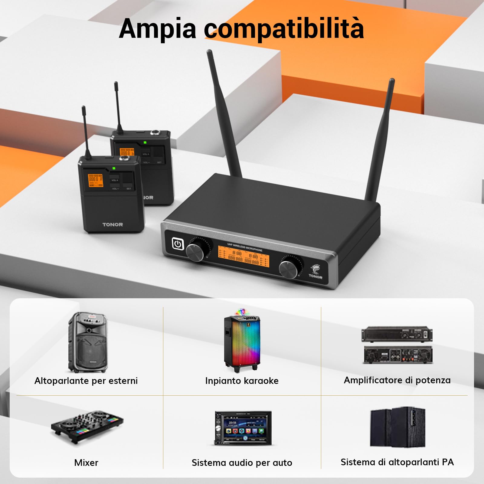 TONOR Sistema Microfono Wireless con Microfono archetto/Lavalier Microphone e Trasmettitore Bodypack e Ricevitore Metallici, 2x5 frequenze UHF, Distanza 60M Segnale stabile per Prestazioni Live