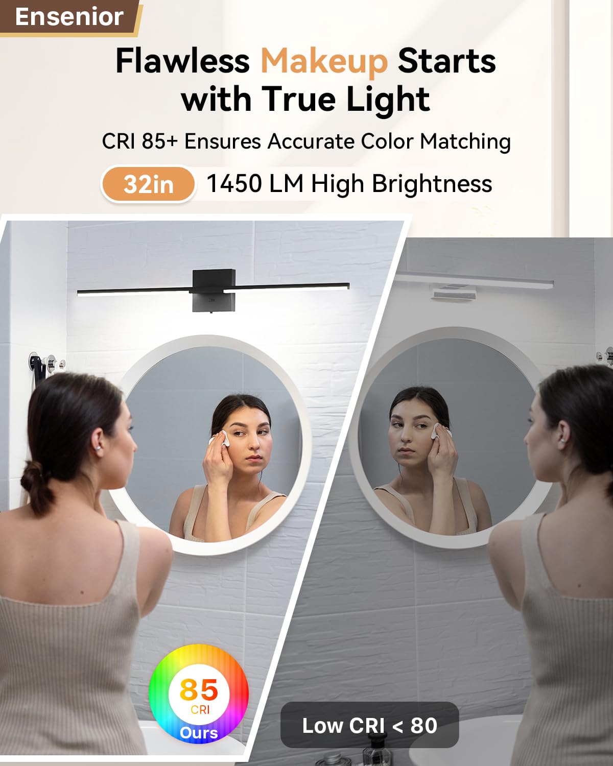 Ensenior Moderna luz de baño de 81,3 cm (32 pulgadas), atenuador integrado, 18,5 W, regulable, 5CCT, luces LED de baño para baño, espejos, armarios de dormitorio, certificados FCC y ETL