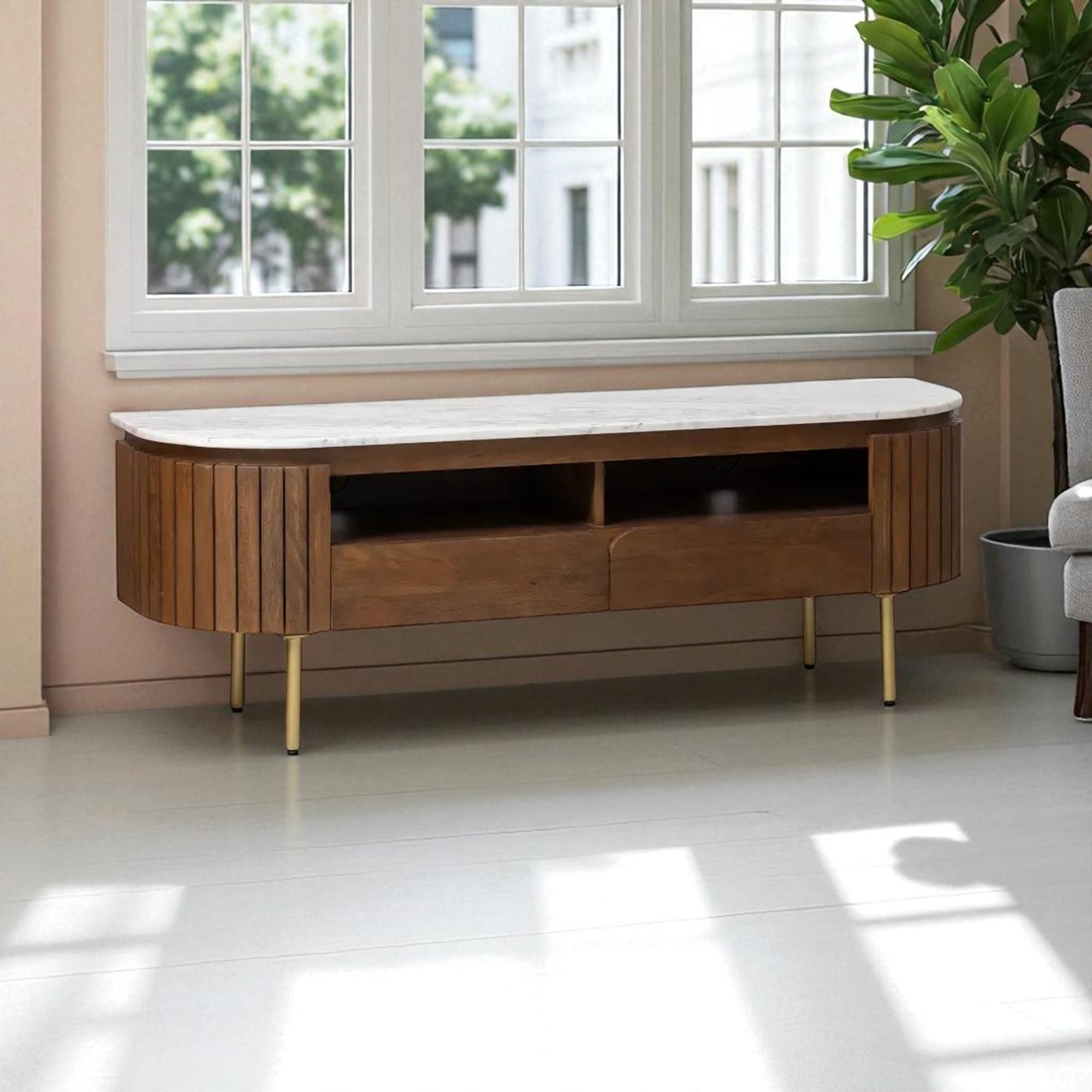 The Attic Carlston TV Cabinet Large,Solid Wood Sideboard TV Cabinet, Teak Matte Finish