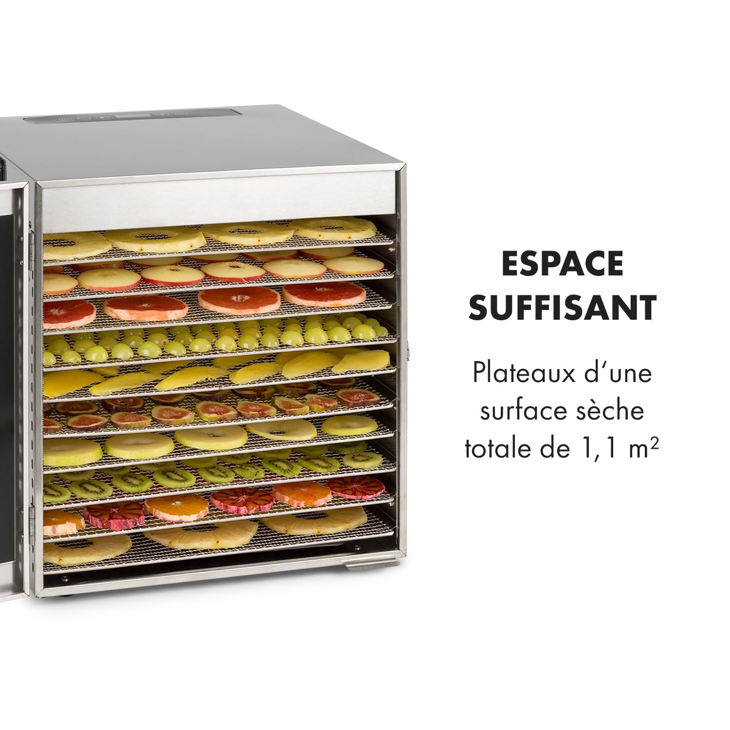KLARSTEIN Captain Jerky 110, Déshydrateur,1000 W,30-90 °C, minuterie 24 h, sans BPA, commande tactile, 10 plateaux, porte en verre, déshydrateur en inox pour fruits, légumes, bac collecteur - argent