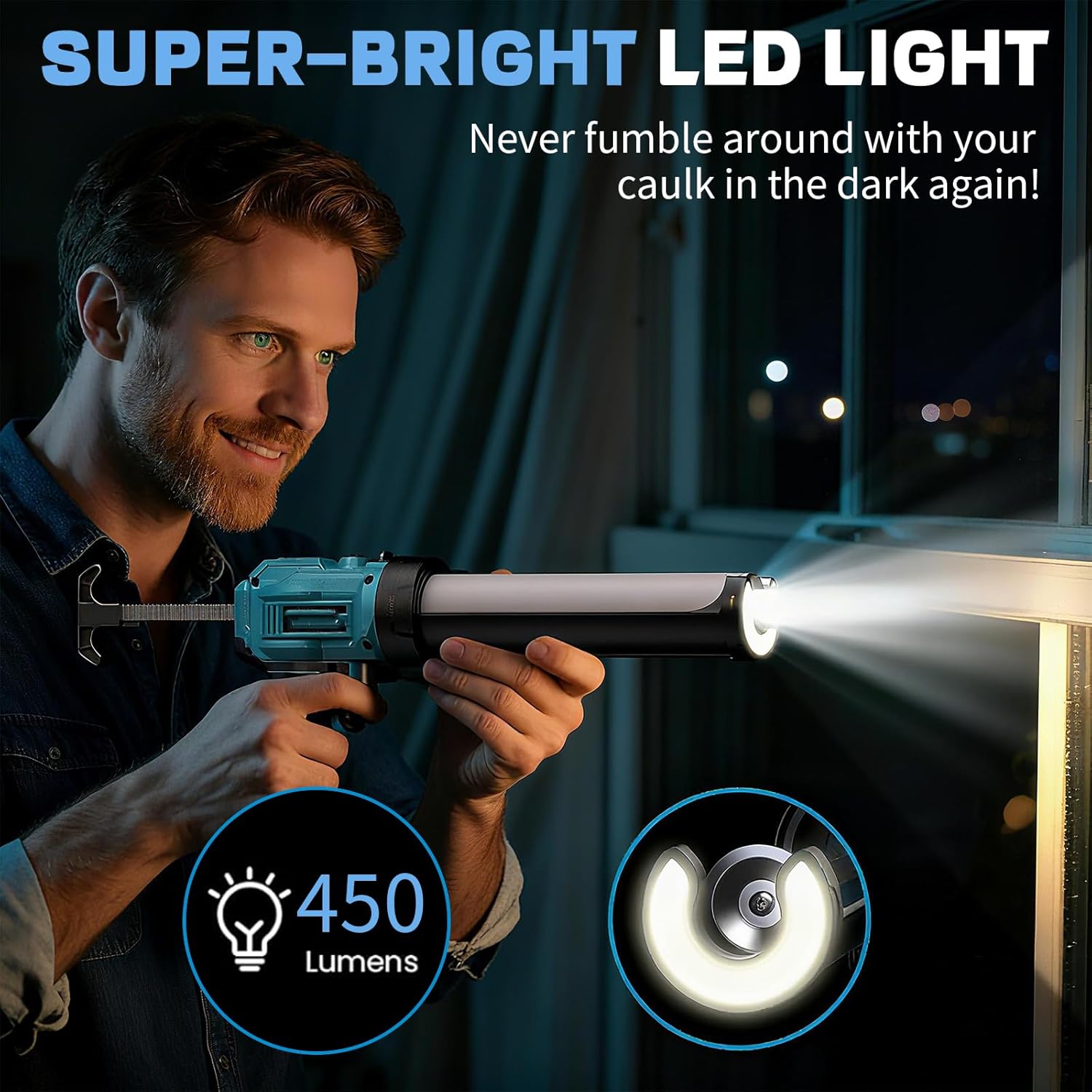 Electric Caulking Gun, 10 OZ Electric Caulk Gun with LED Light, 4 Adjustable Speeds, Auto Retract for Filling, Sealing (Battery Not Included)