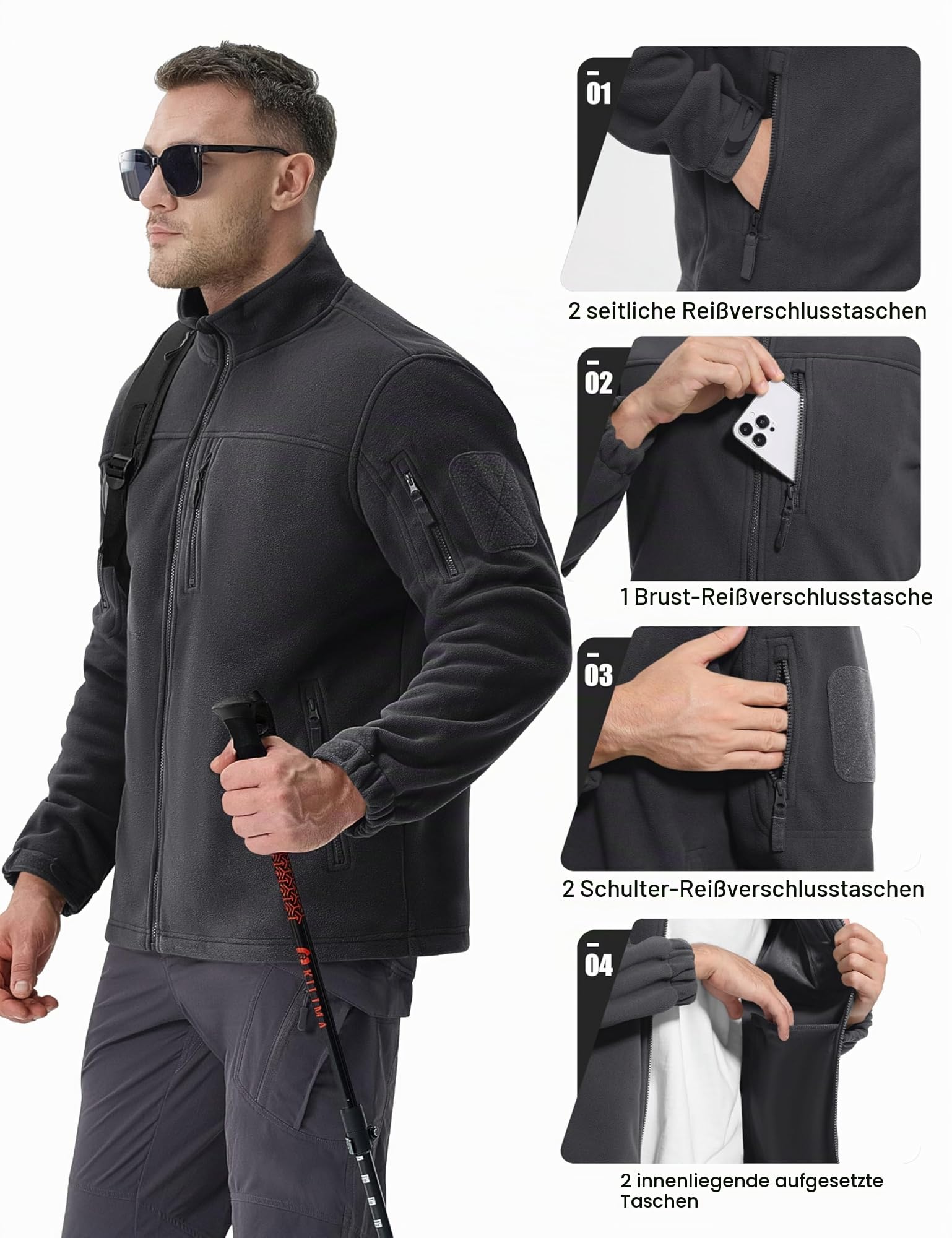 KEFITEVD Outdoor Fleecejacke Herren Multi Taschen Full Zip Army Jacke Warm Winter Tactical Jacke Stehkragen Fliesjacke Übergangsjacke