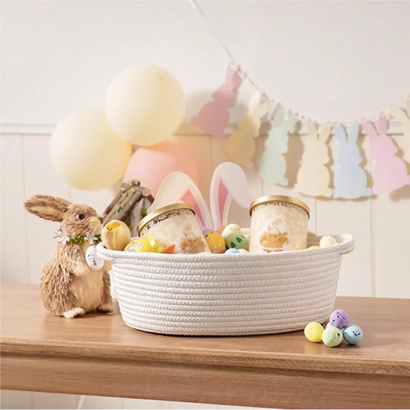 Cesta de almacenamiento tejida blanca con contenedor con asa para regalos con bolsa y cintas, organizador decorativo para mascotas (gris)