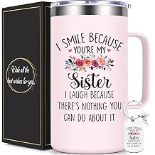 Lifecapido Sister Gifts from Sisters, I Smile Because You&rsquo;re My Sister 20oz Insulated Coffee Mug with Keychain, Birthday Christmas Mothers Day Gifts for Sisters, Rose Quartz