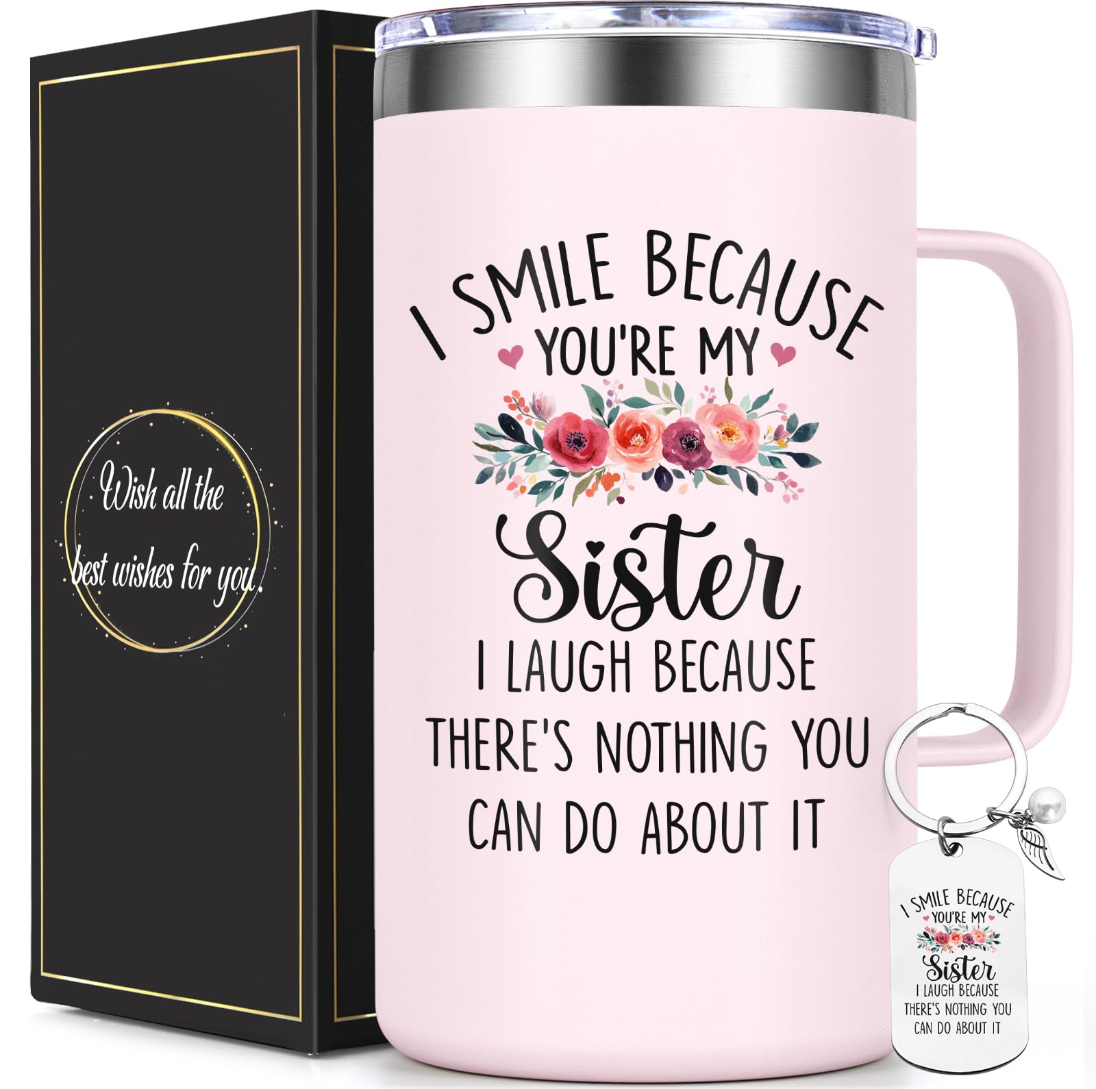 Lifecapido Sister Gifts from Sisters, I Smile Because You’re My Sister 20oz Insulated Coffee Mug with Keychain, Birthday Christmas Mothers Day Gifts for Sisters, Rose Quartz
