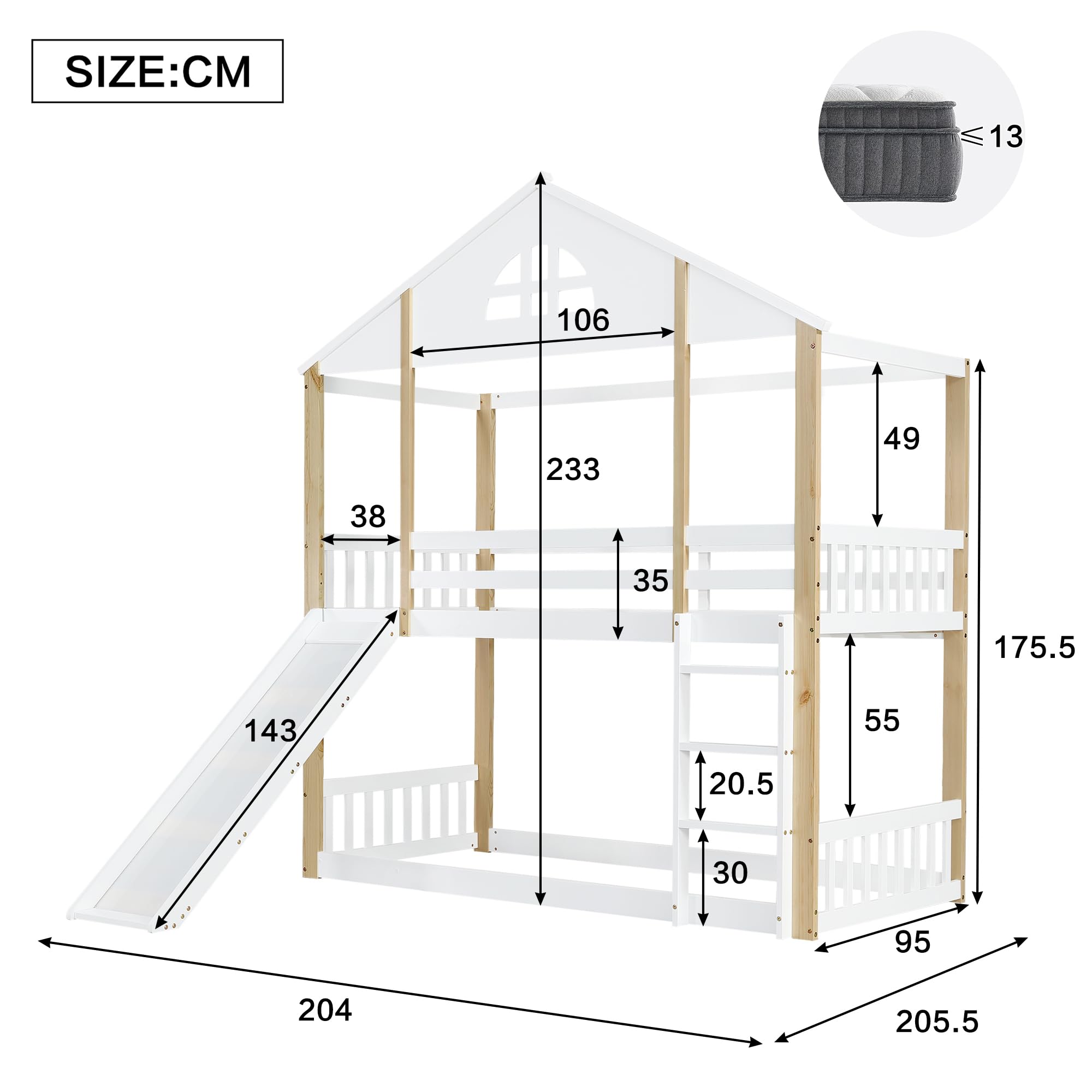 Soweiz Litera Infantil con Tobogán y Escalera, Cama Alta Casa de Madera, 90x200 cm