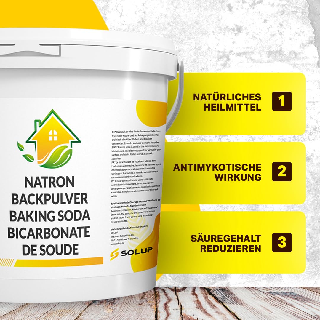 SOLUP Natron Pulver 5 kg Eimer | Lebensmittelqualität E500ii NaHCO3 | Natriumbicarbonat 99% | vegan ohne Zusätze | HACCP Werk | Vorratseimer wiederverschließbar | CAS 144-55-8