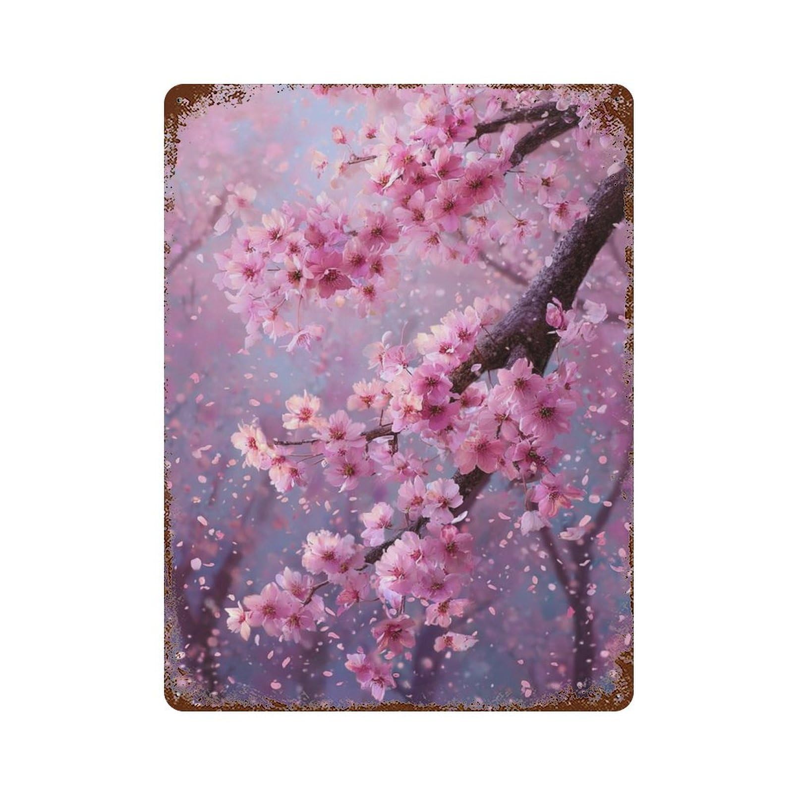 Garage Style Cherry Blossom Rain Rustic Tin Plaque 15.7"x11.8", Vintage Wall Decor for Bar And Workshop