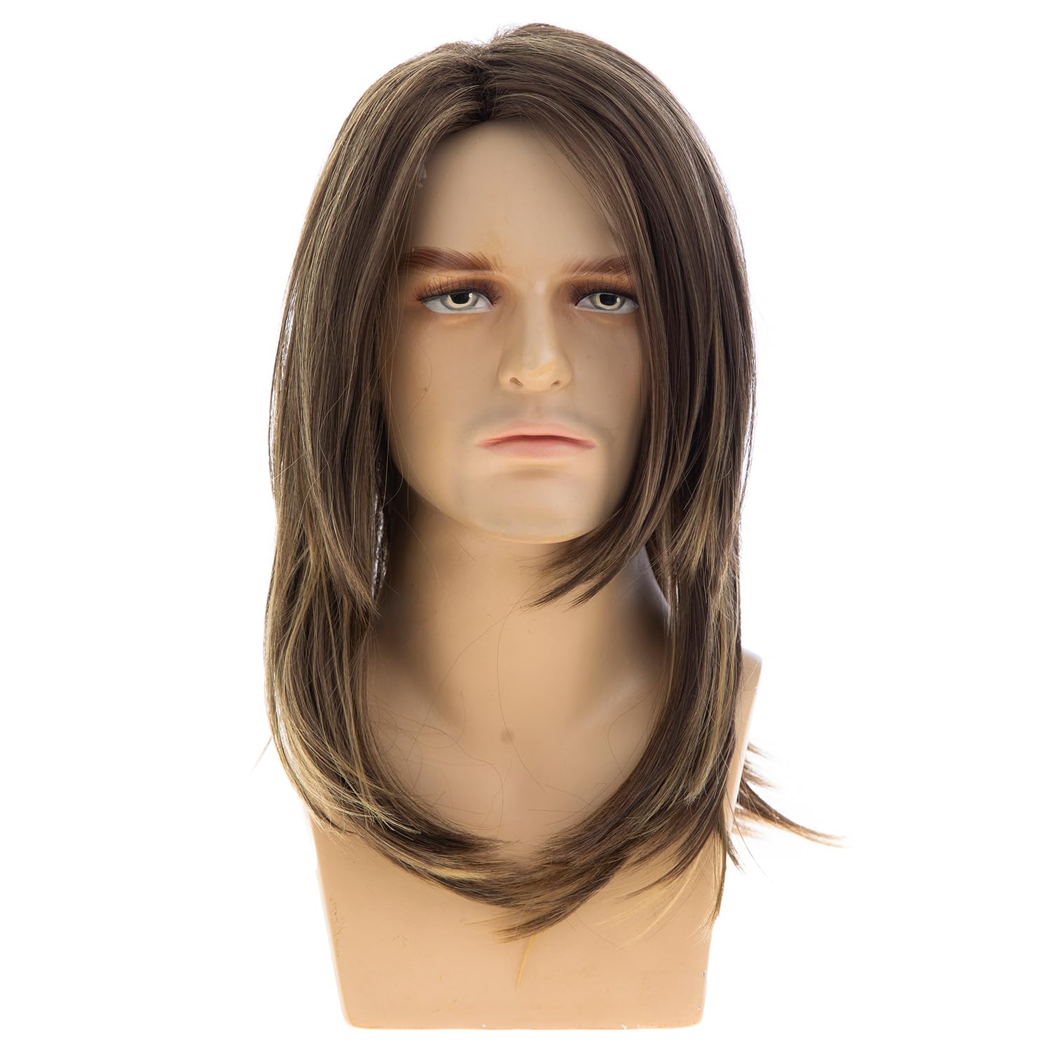 Long Layered Brown Wigs for Men Synthetic Heat Resistant Halloween Cosplay Hair Wig,Highlight Brown