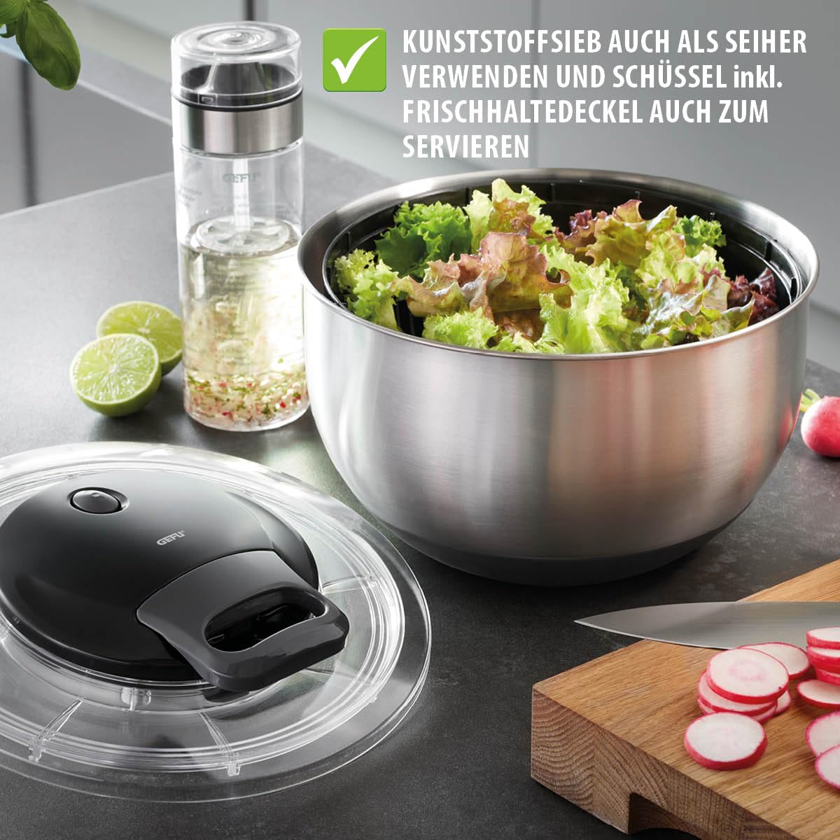GEFU Salatschleuder PULLIT mit Frischhaltedeckel, Edelstahlschüssel 4,5 l mit Seilzug, Stoppknopf und Silikonboden - spülmaschinengeeignet