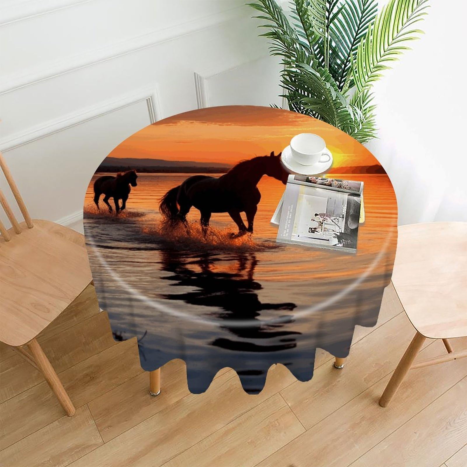 FodPand Sunsets Lake Horses Round Tablecloth - 60 Inch Premium Polyester Table Cloth, Fashion Wrinkle Resistant Decorative Table Cover for Dining Kitchen Party Buffet Tables