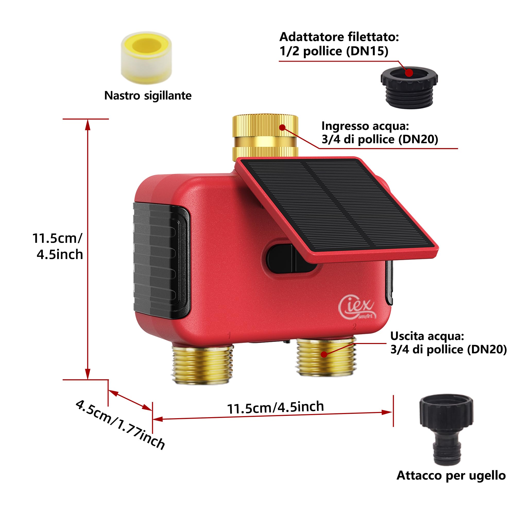 Programmatore irrigazione WiFi 2 zone, timer solare ricaricabile con doppia uscita, raccordi in ottone, senza hub, app Smart Life, compatibile Alexa e Google Assistant