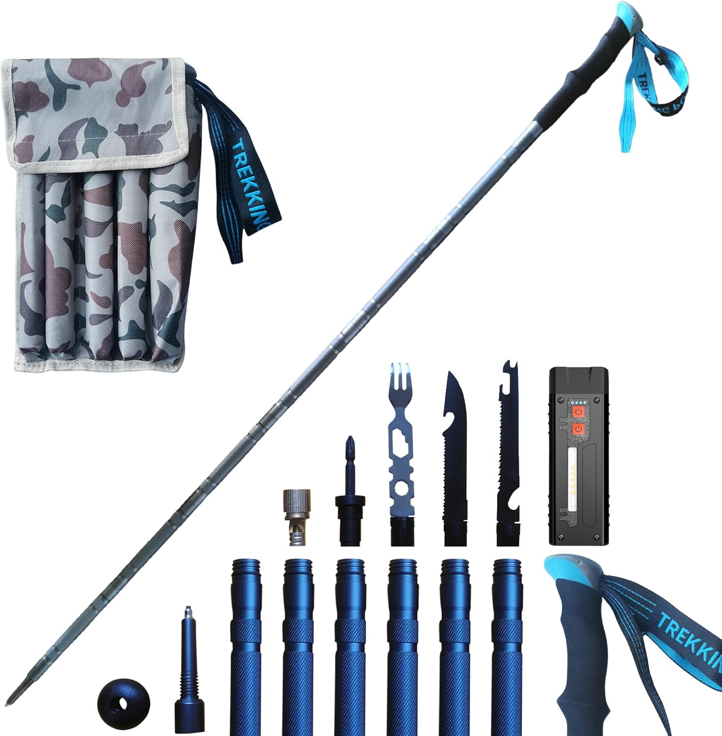 Versatile Trekking Pole with Accessories – Ideal for Hiking with Excellent Foam Grip Lightweight, Durable Tungsten Carbon Tip. Adjustable Length, Collapsible, Internal Storage, Canvas Carry Bag
