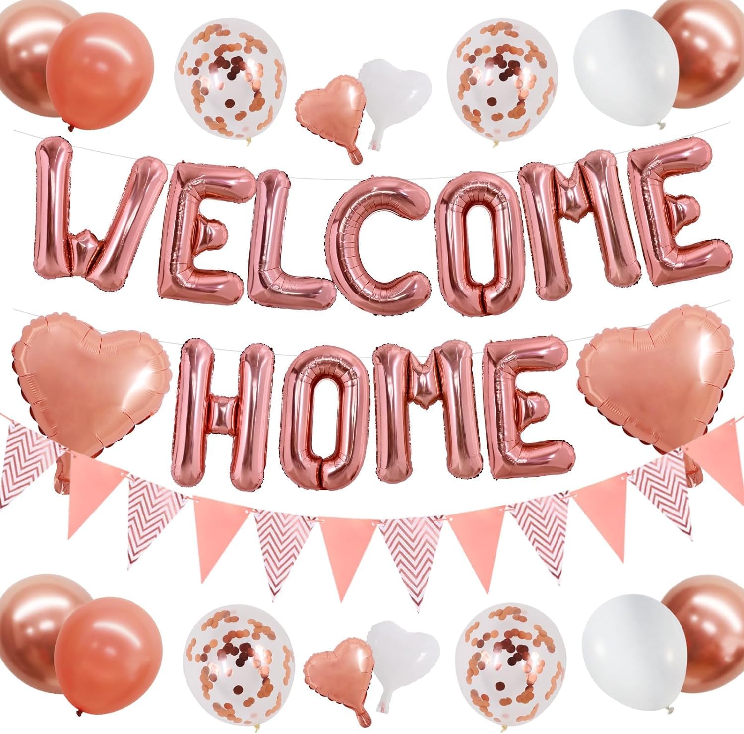 DecoGlee Welcome Home Decorations,16 Inch Rose Gold Welcome Home Foil Balloon Banner Rose Gold Confetti Balloons Pennant Flag Bunting for Homecoming Party House Warming Party Family Gathering Supplies — image 1