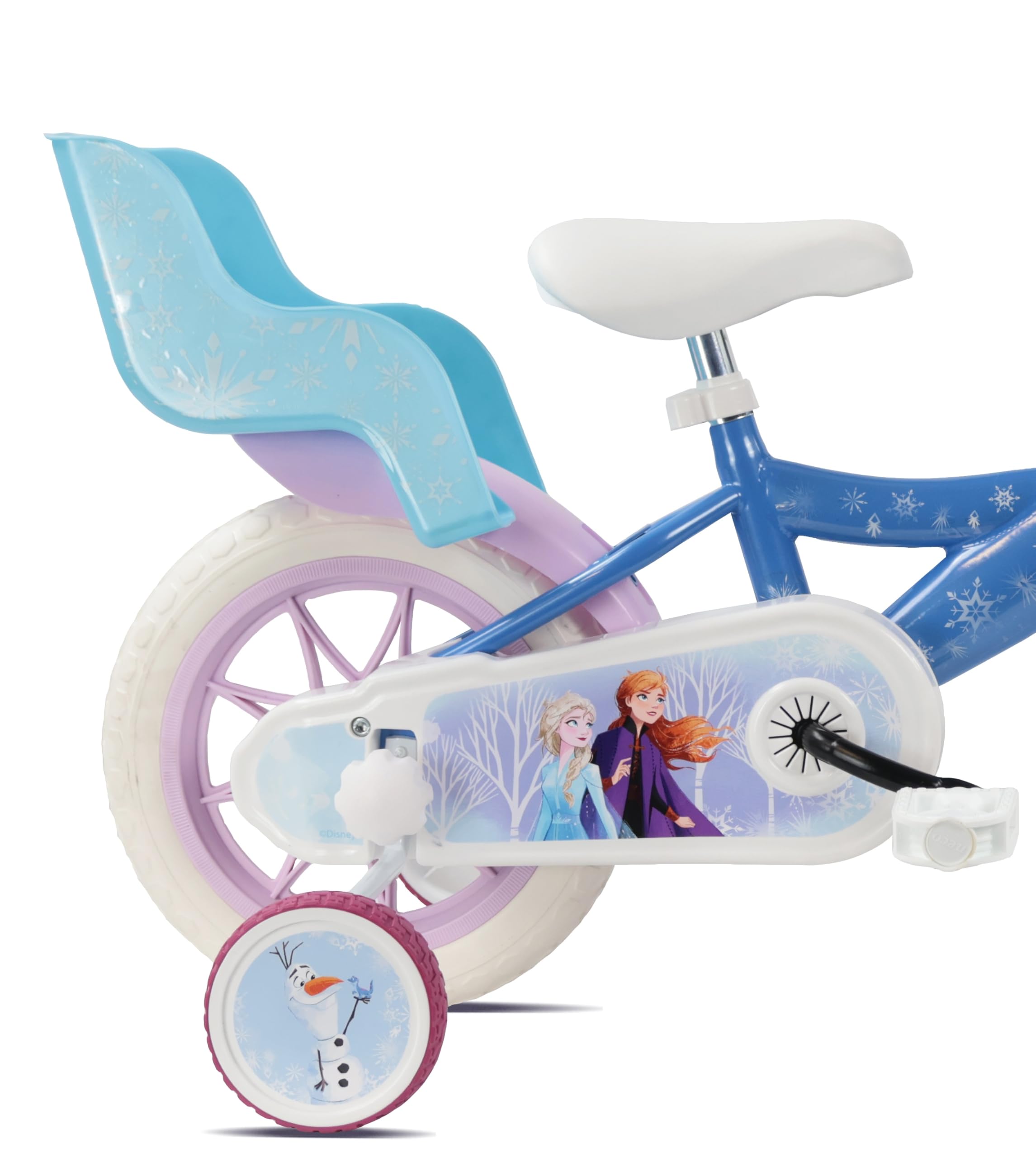 Vélo 12' Reine des Neiges/Frozen de Disney équipé de 1 Frein, Panier Avant, Porte poupée arrière, Garde boues, Carter et stabilisateurs !