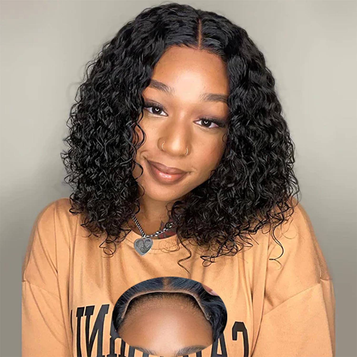 Misser Curly Bob Human Hair 5x5 Glueless Wig Human Hair Deep Wave Lace Front Closure Wigs Pre Plucked Pre Cut 180% Density Wear and Go Glueless Bob Natural Black 8 Inch for Black Women
