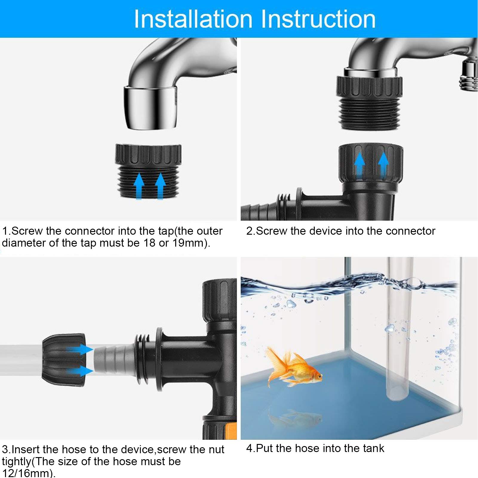 Changeur d'Eau pour Aquarium avec 2 Adaptateurs de Robinet, Pompe de Vidange, Connecteur de Robinet, Système de Changement d'Eau