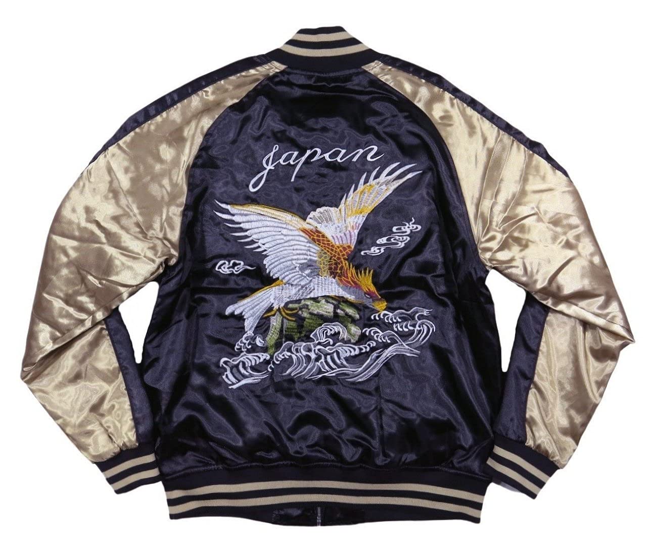 3411【希少XLサイズ・美品】一心如鏡 両面刺繍 鷹＆桜 サテン スカジャン 3411【希少XLサイズ・美品】一心如鏡 両面刺繍 鷹＆桜 サテン