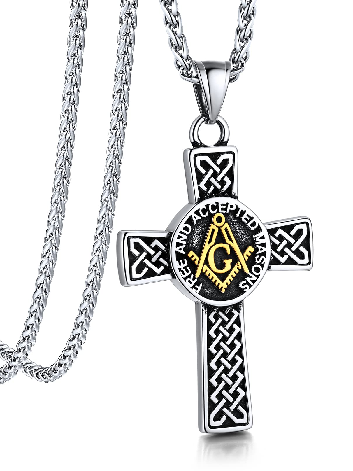 Bandmax Mens Pendant Necklace Stainless Steel Masonic Necklace for Men Freemason Pendants with 22" Spiga Chain Masonic Gifts for Father Husband
