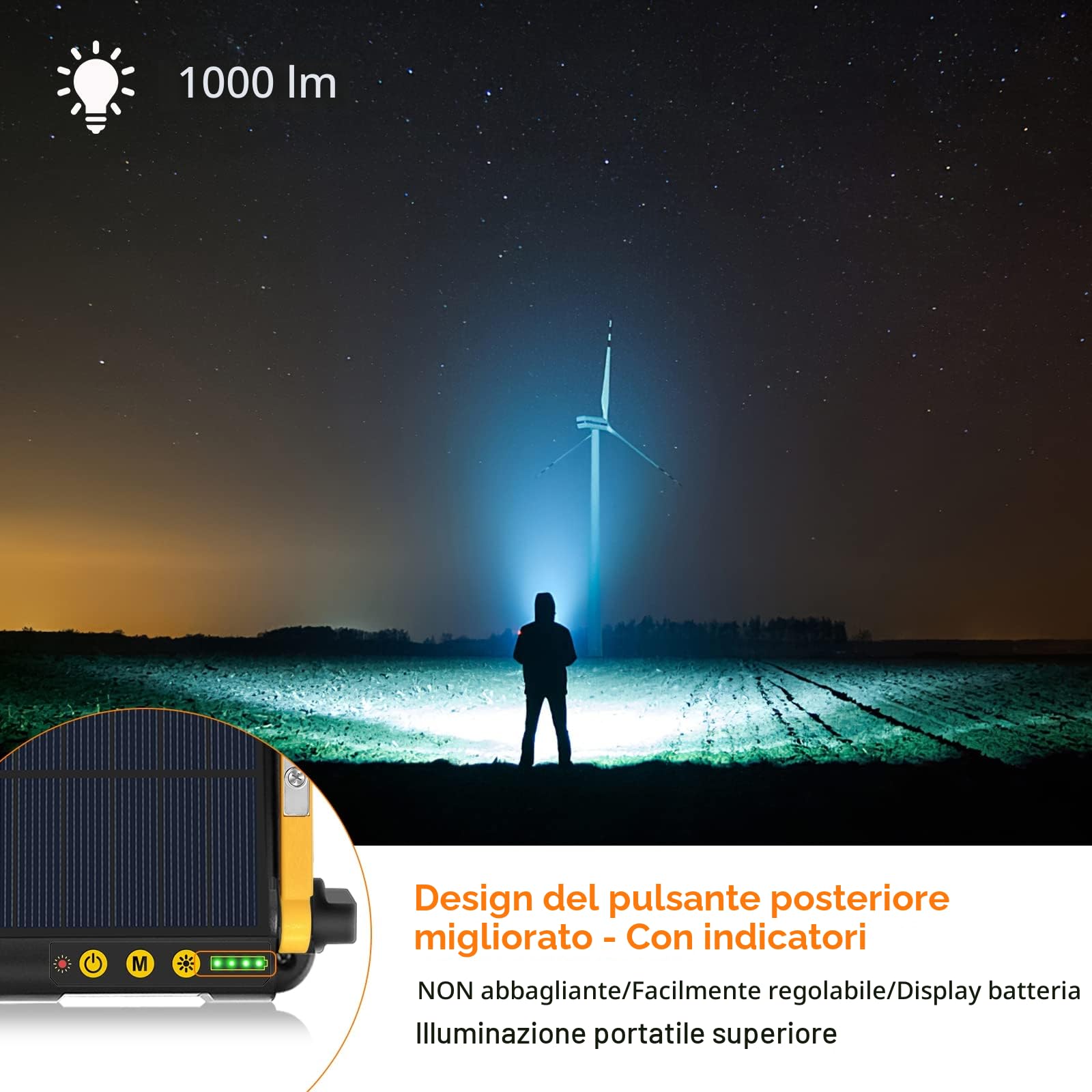 MEIKEE Faro LED Ricaricabile, Lampada da Lavoro Portatile con Cavo USB e Pannello Solare, 16 Modalità, Batteria 10000mAh, Power Bank, con 2 magneti, Luce da Campeggio per Cantiere Emergenza Pesca