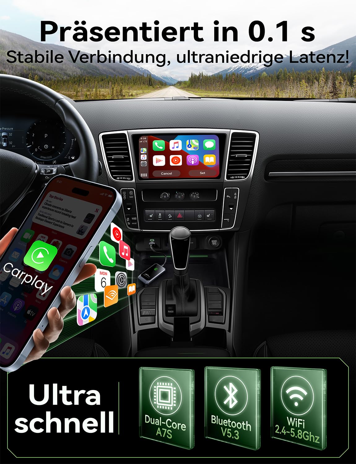 Wireless CarPlay Adapter, Neueste Upgrade, Konvertieren Verkabeltem CarPlay zu Wireless, Plug-und-Play OTA-Upgrade, für iPhone iOS 10+ & Autos mit Wired CarPlay (Grau)